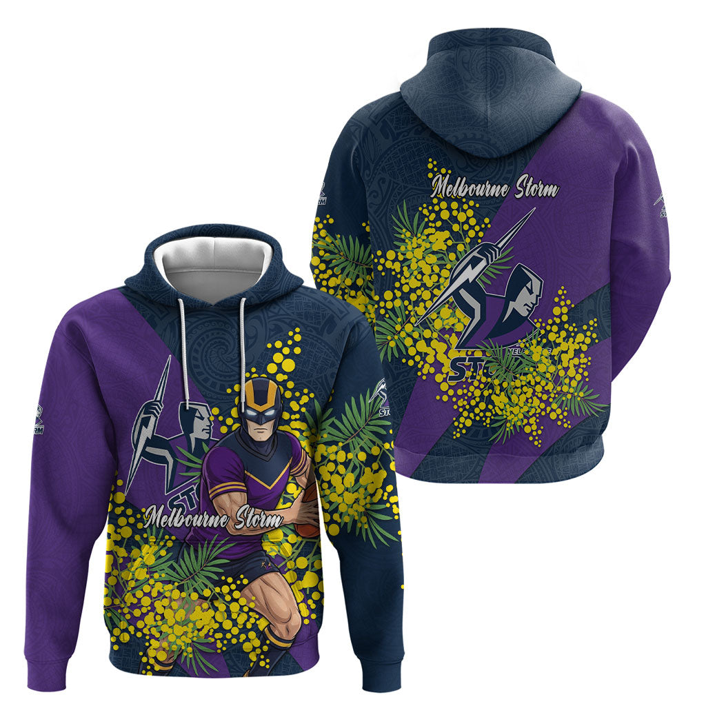 Melbourne Storm Hoodie Golden Wattle Floral Polynesian - Australian Flower - Rugby Mascot