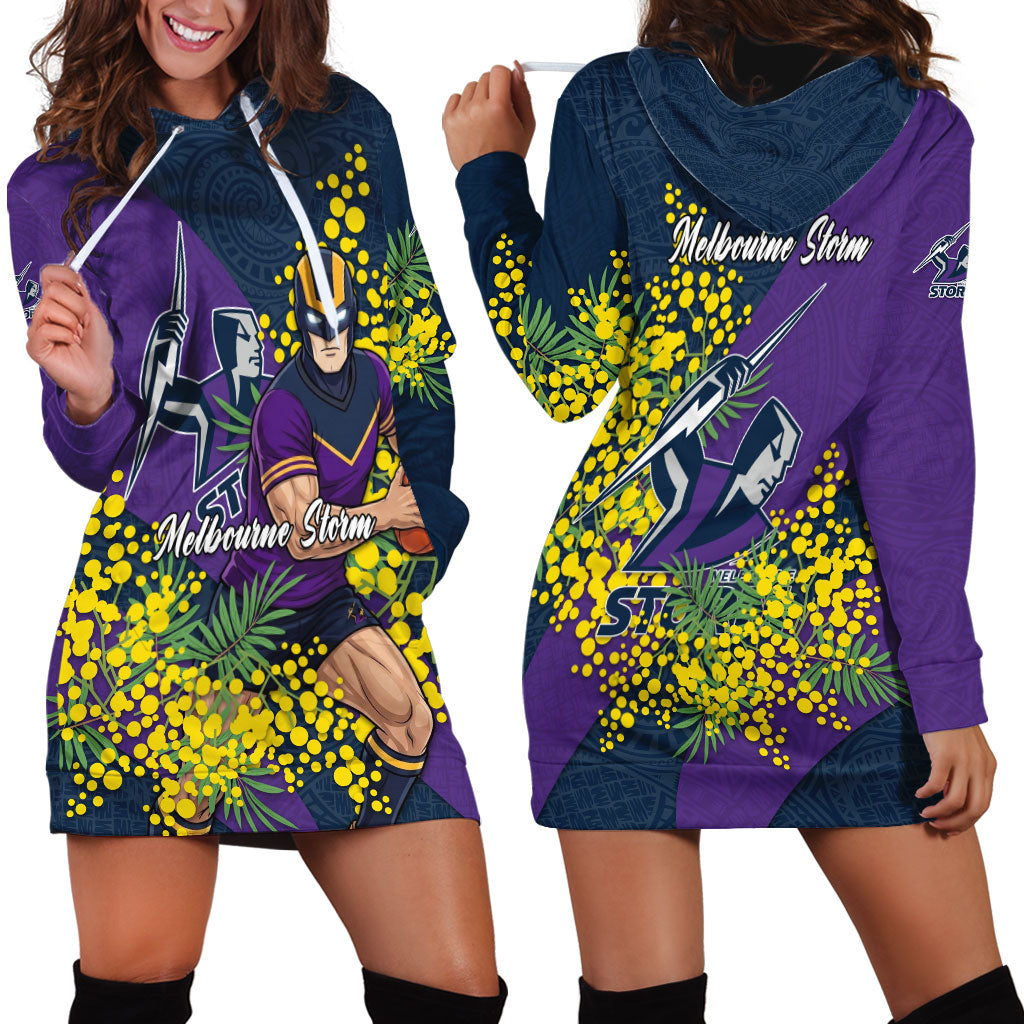 Melbourne Storm Hoodie Dress Golden Wattle Floral Polynesian - Australian Flower - Rugby Mascot