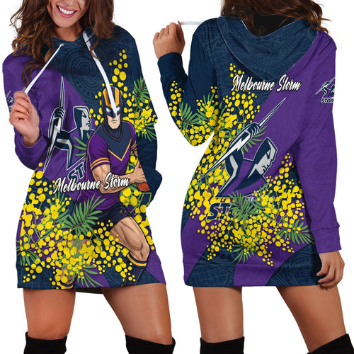 Melbourne Storm Hoodie Dress Golden Wattle Floral Polynesian - Australian Flower - Rugby Mascot