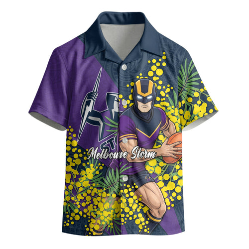 Melbourne Storm Kid Hawaiian Shirt Golden Wattle Floral Polynesian - Australian Flower - Rugby Mascot