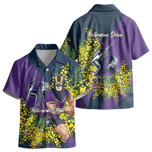 Melbourne Storm Kid Hawaiian Shirt Golden Wattle Floral Polynesian - Australian Flower - Rugby Mascot