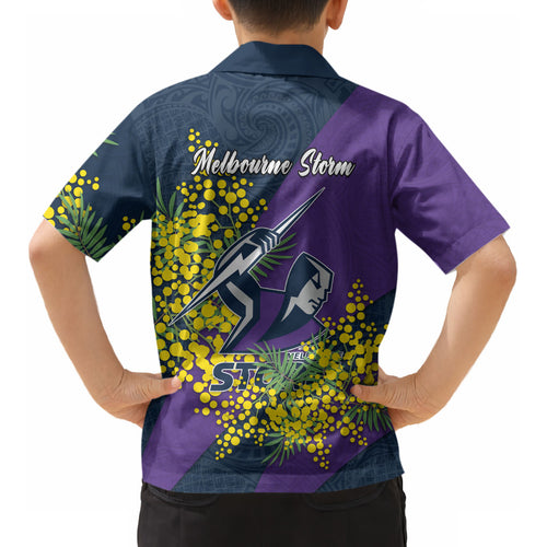 Melbourne Storm Kid Hawaiian Shirt Golden Wattle Floral Polynesian - Australian Flower - Rugby Mascot