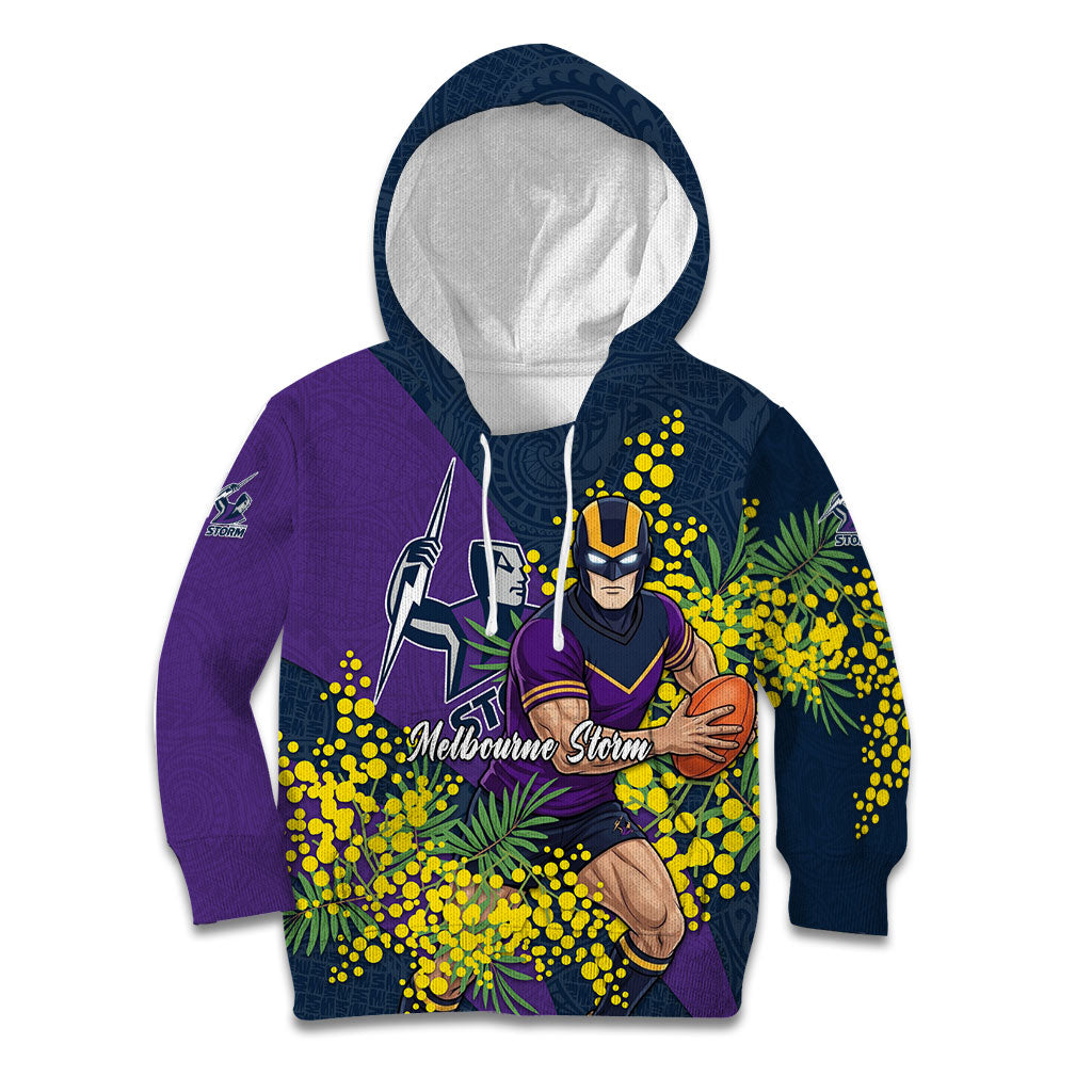 Melbourne Storm Kid Hoodie Golden Wattle Floral Polynesian - Australian Flower - Rugby Mascot