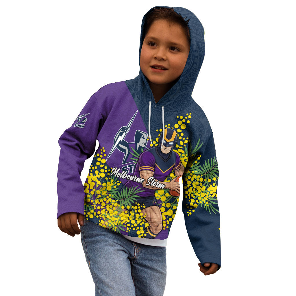 Melbourne Storm Kid Hoodie Golden Wattle Floral Polynesian - Australian Flower - Rugby Mascot