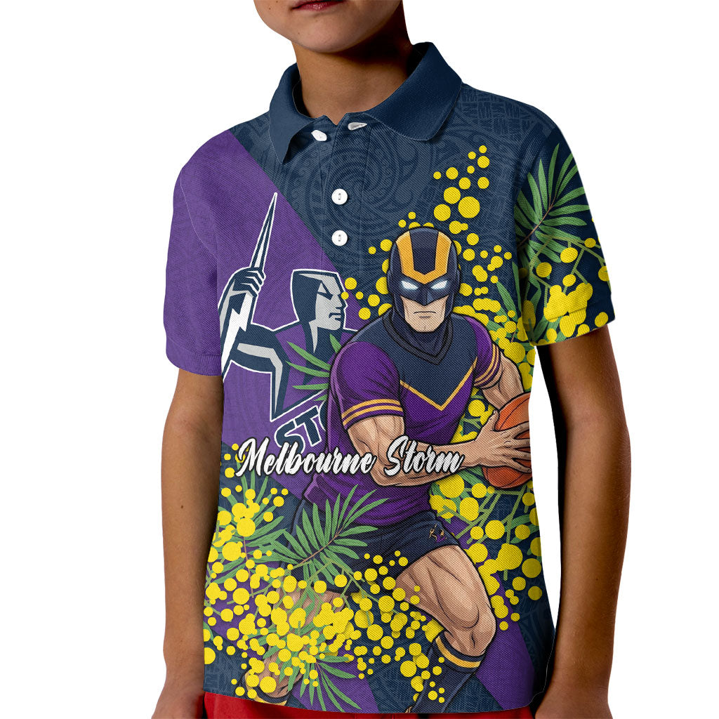 Melbourne Storm Kid Polo Shirt Golden Wattle Floral Polynesian - Australian Flower - Rugby Mascot