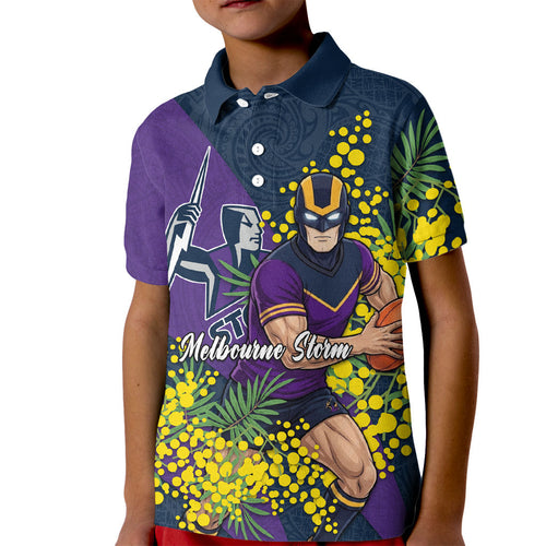 Melbourne Storm Kid Polo Shirt Golden Wattle Floral Polynesian - Australian Flower - Rugby Mascot