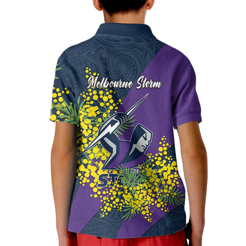 Melbourne Storm Kid Polo Shirt Golden Wattle Floral Polynesian - Australian Flower - Rugby Mascot