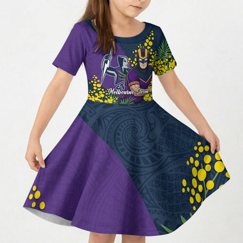 Melbourne Storm Kid Short Sleeve Dress Golden Wattle Floral Polynesian - Australian Flower - Rugby Mascot