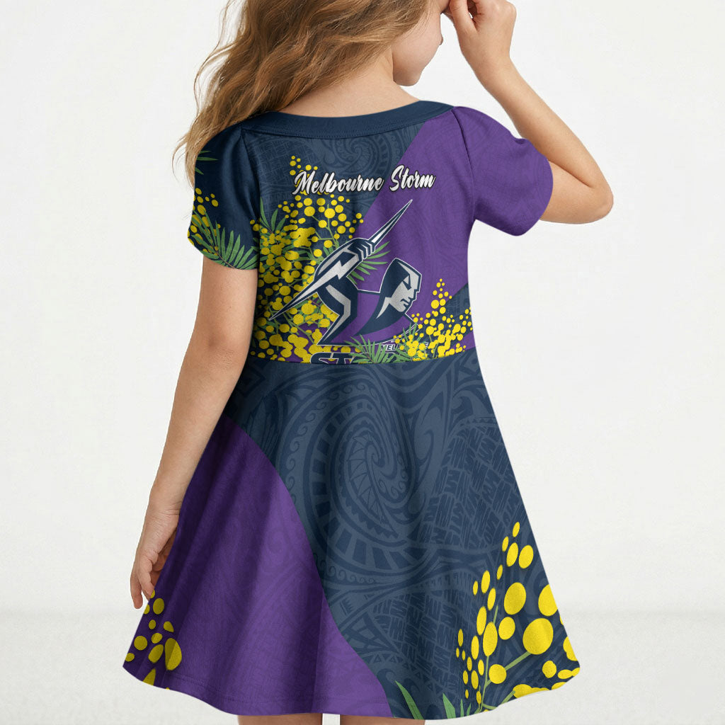 Melbourne Storm Kid Short Sleeve Dress Golden Wattle Floral Polynesian - Australian Flower - Rugby Mascot
