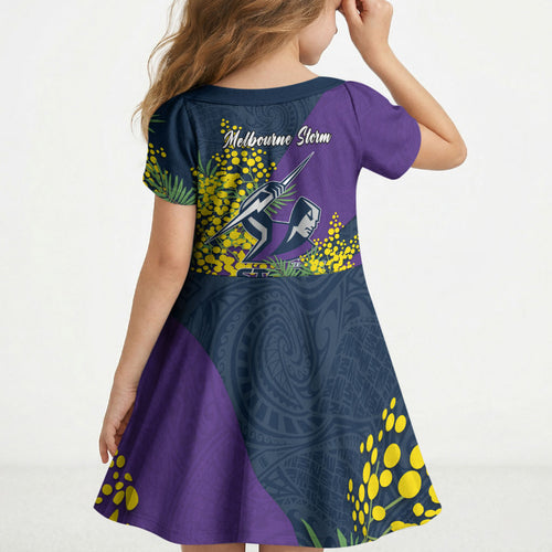 Melbourne Storm Kid Short Sleeve Dress Golden Wattle Floral Polynesian - Australian Flower - Rugby Mascot