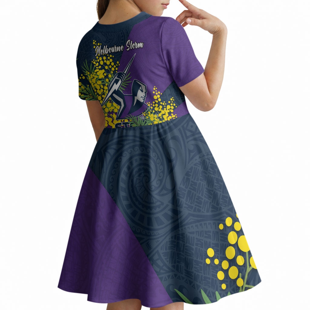 Melbourne Storm Kid Short Sleeve Dress Golden Wattle Floral Polynesian - Australian Flower - Rugby Mascot