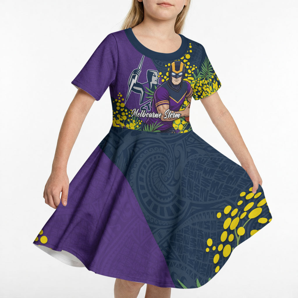 Melbourne Storm Kid Short Sleeve Dress Golden Wattle Floral Polynesian - Australian Flower - Rugby Mascot