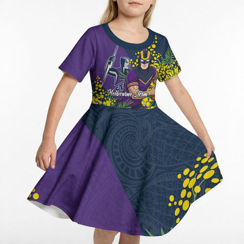 Melbourne Storm Kid Short Sleeve Dress Golden Wattle Floral Polynesian - Australian Flower - Rugby Mascot