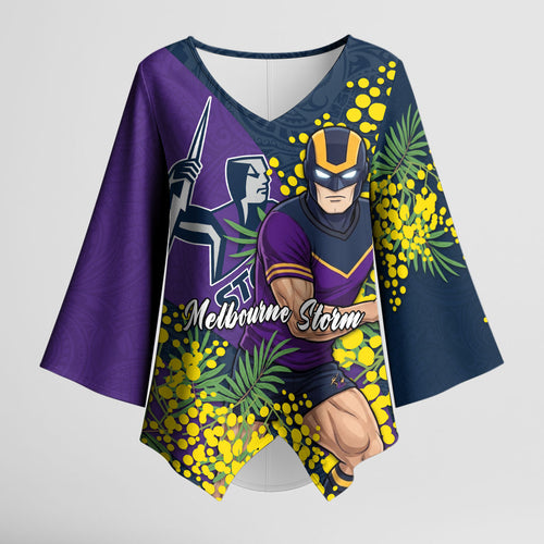 Melbourne Storm Kimono Sleeve Blouse Golden Wattle Floral Polynesian - Australian Flower - Rugby Mascot