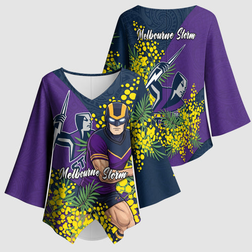 Melbourne Storm Kimono Sleeve Blouse Golden Wattle Floral Polynesian - Australian Flower - Rugby Mascot