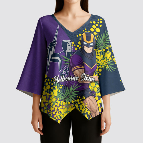 Melbourne Storm Kimono Sleeve Blouse Golden Wattle Floral Polynesian - Australian Flower - Rugby Mascot