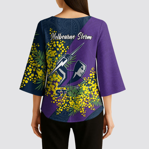 Melbourne Storm Kimono Sleeve Blouse Golden Wattle Floral Polynesian - Australian Flower - Rugby Mascot