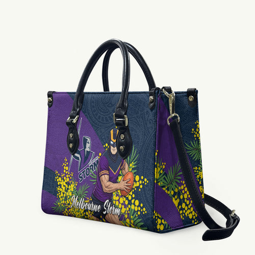 Melbourne Storm Leather Bag Golden Wattle Floral Polynesian - Australian Flower - Rugby Mascot