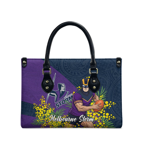 Melbourne Storm Leather Bag Golden Wattle Floral Polynesian - Australian Flower - Rugby Mascot