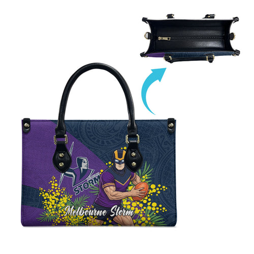 Melbourne Storm Leather Bag Golden Wattle Floral Polynesian - Australian Flower - Rugby Mascot