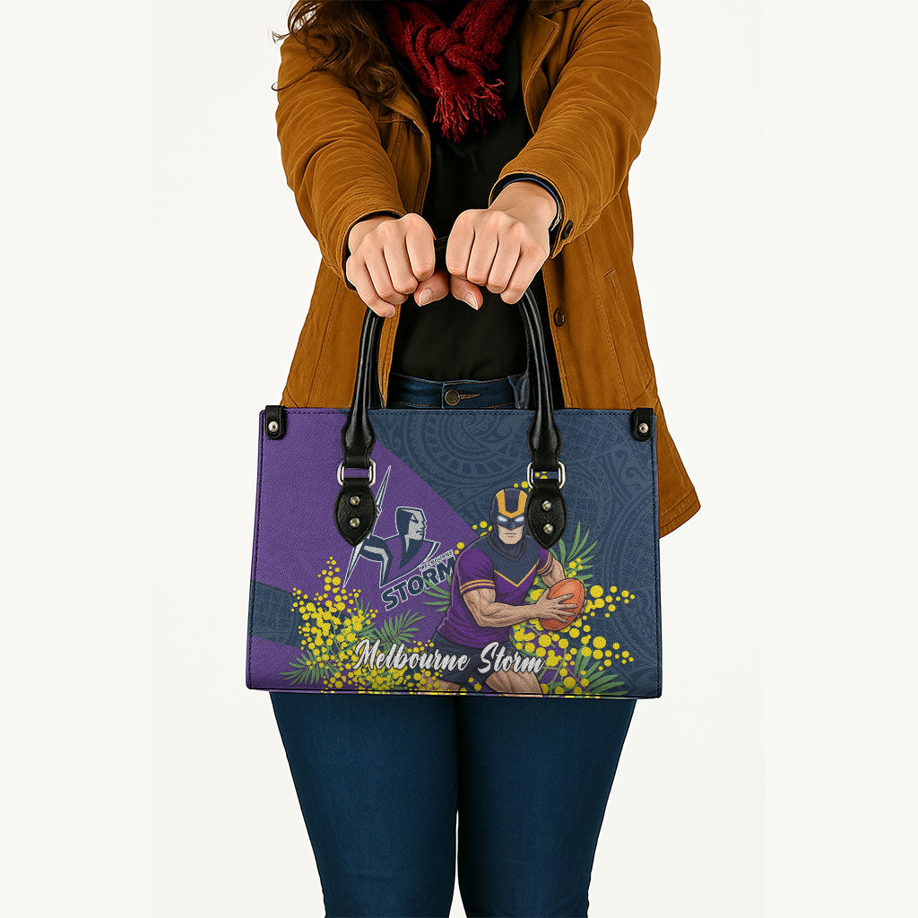 Melbourne Storm Leather Bag Golden Wattle Floral Polynesian - Australian Flower - Rugby Mascot