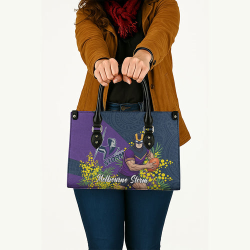 Melbourne Storm Leather Bag Golden Wattle Floral Polynesian - Australian Flower - Rugby Mascot