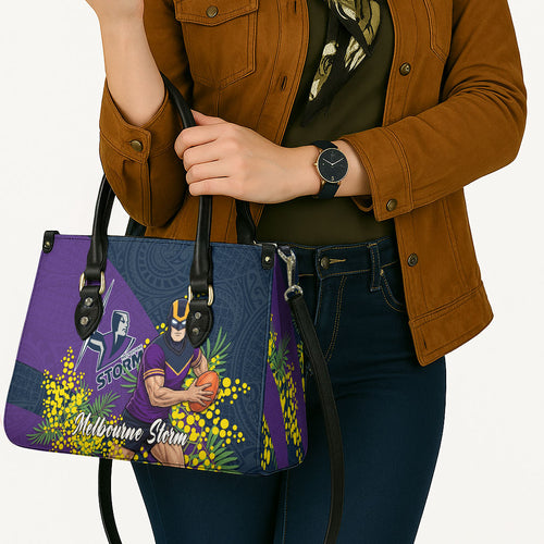 Melbourne Storm Leather Bag Golden Wattle Floral Polynesian - Australian Flower - Rugby Mascot
