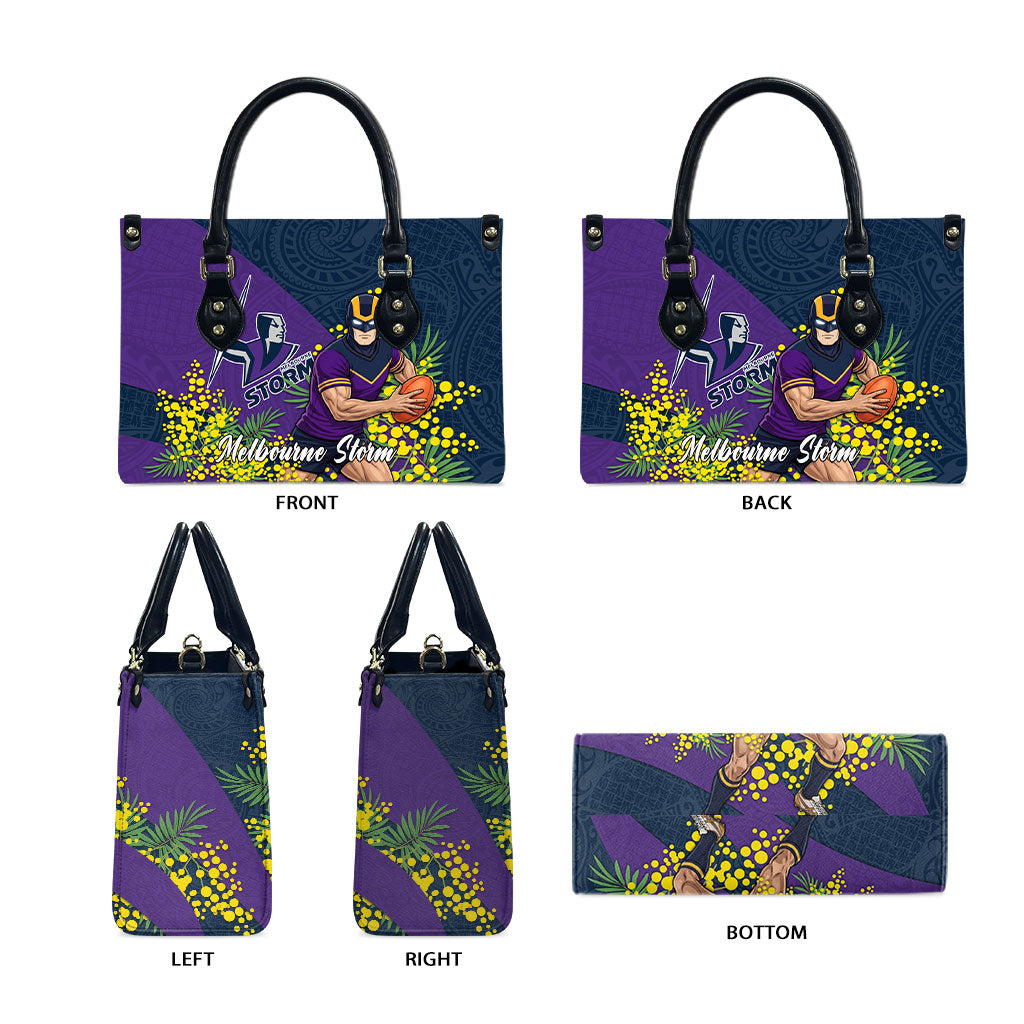 Melbourne Storm Leather Bag Golden Wattle Floral Polynesian - Australian Flower - Rugby Mascot