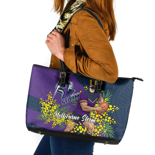 Melbourne Storm Leather Tote Bag Golden Wattle Floral Polynesian - Australian Flower - Rugby Mascot