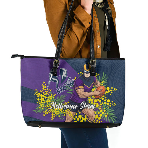 Melbourne Storm Leather Tote Bag Golden Wattle Floral Polynesian - Australian Flower - Rugby Mascot