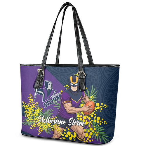 Melbourne Storm Leather Tote Bag Golden Wattle Floral Polynesian - Australian Flower - Rugby Mascot