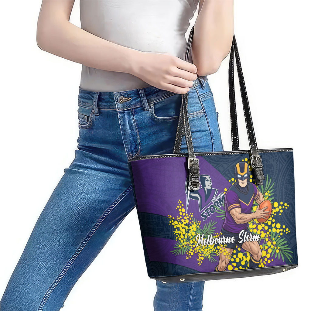 Melbourne Storm Leather Tote Bag Golden Wattle Floral Polynesian - Australian Flower - Rugby Mascot