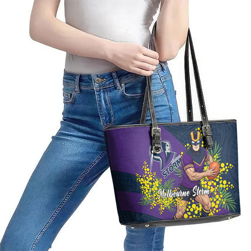 Melbourne Storm Leather Tote Bag Golden Wattle Floral Polynesian - Australian Flower - Rugby Mascot
