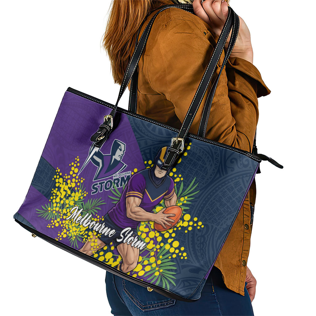 Melbourne Storm Leather Tote Bag Golden Wattle Floral Polynesian - Australian Flower - Rugby Mascot