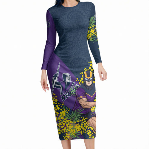 Melbourne Storm Long Sleeve Bodycon Dress Golden Wattle Floral Polynesian - Australian Flower - Rugby Mascot
