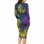 Melbourne Storm Long Sleeve Bodycon Dress Golden Wattle Floral Polynesian - Australian Flower - Rugby Mascot