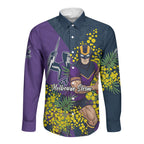 Melbourne Storm Long Sleeve Button Shirt Golden Wattle Floral Polynesian - Australian Flower - Rugby Mascot