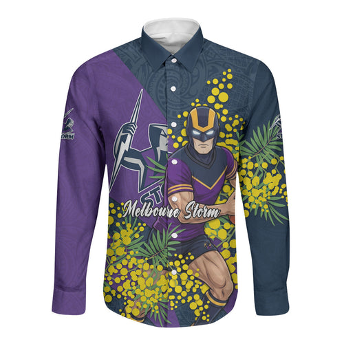 Melbourne Storm Long Sleeve Button Shirt Golden Wattle Floral Polynesian - Australian Flower - Rugby Mascot