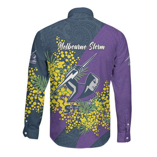 Melbourne Storm Long Sleeve Button Shirt Golden Wattle Floral Polynesian - Australian Flower - Rugby Mascot