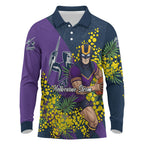 Melbourne Storm Long Sleeve Polo Shirt Golden Wattle Floral Polynesian - Australian Flower - Rugby Mascot