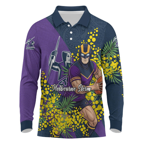 Melbourne Storm Long Sleeve Polo Shirt Golden Wattle Floral Polynesian - Australian Flower - Rugby Mascot