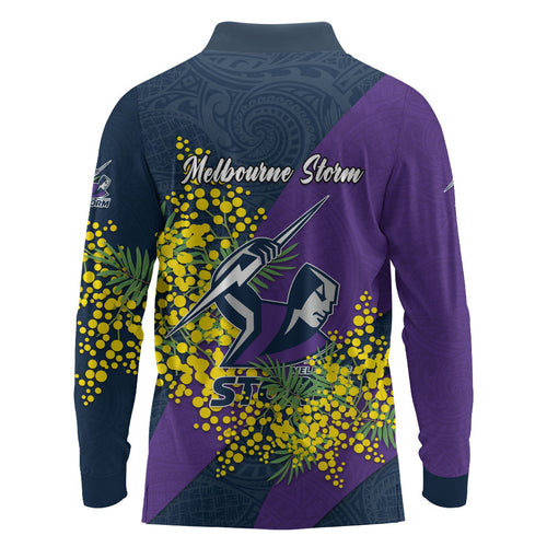 Melbourne Storm Long Sleeve Polo Shirt Golden Wattle Floral Polynesian - Australian Flower - Rugby Mascot