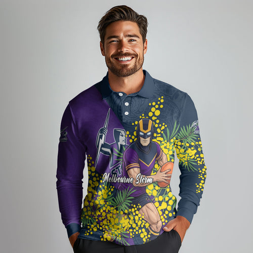 Melbourne Storm Long Sleeve Polo Shirt Golden Wattle Floral Polynesian - Australian Flower - Rugby Mascot