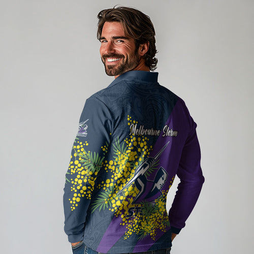 Melbourne Storm Long Sleeve Polo Shirt Golden Wattle Floral Polynesian - Australian Flower - Rugby Mascot