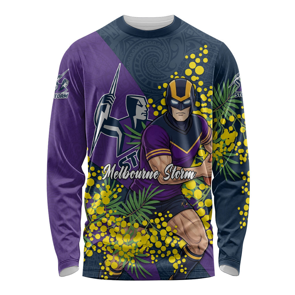 Melbourne Storm Long Sleeve Shirt Golden Wattle Floral Polynesian - Australian Flower - Rugby Mascot