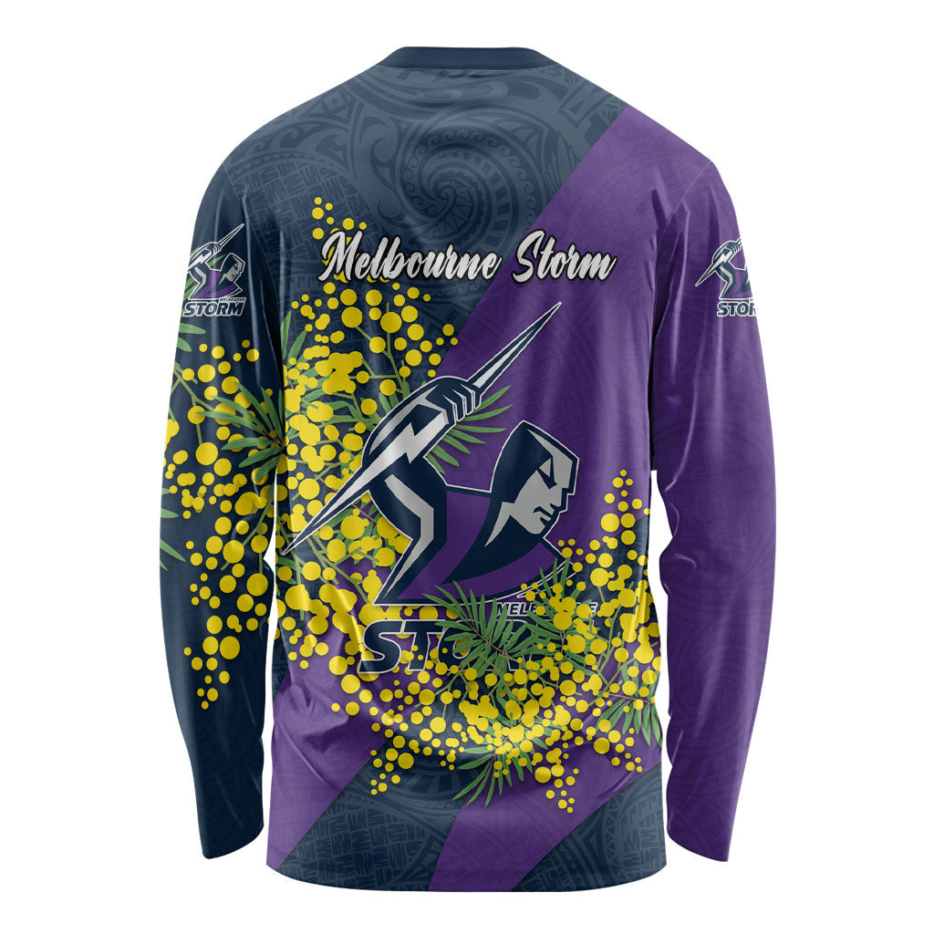 Melbourne Storm Long Sleeve Shirt Golden Wattle Floral Polynesian - Australian Flower - Rugby Mascot