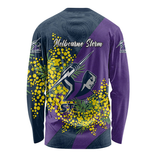 Melbourne Storm Long Sleeve Shirt Golden Wattle Floral Polynesian - Australian Flower - Rugby Mascot