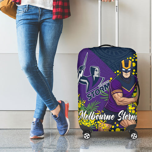 Melbourne Storm Luggage Cover Golden Wattle Floral Polynesian - Australian Flower - Rugby Mascot