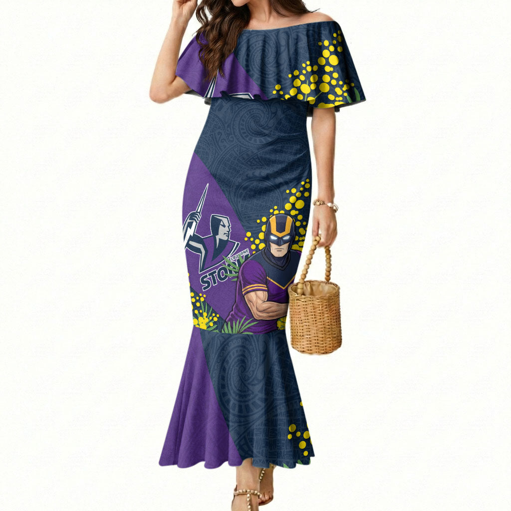 Melbourne Storm Mermaid Dress Golden Wattle Floral Polynesian - Australian Flower - Rugby Mascot