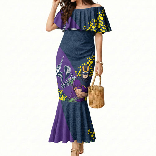 Melbourne Storm Mermaid Dress Golden Wattle Floral Polynesian - Australian Flower - Rugby Mascot